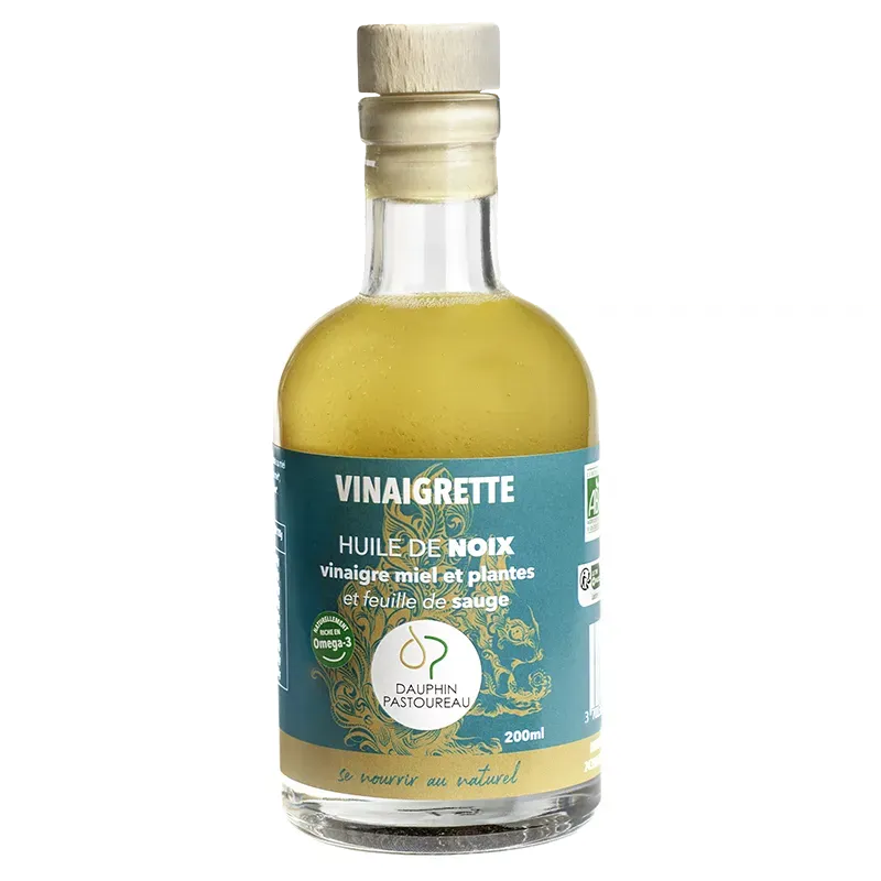 VINAIGRETTE BIO à l'huile de noix, vinaigre miel et plantes et feuille de sauge